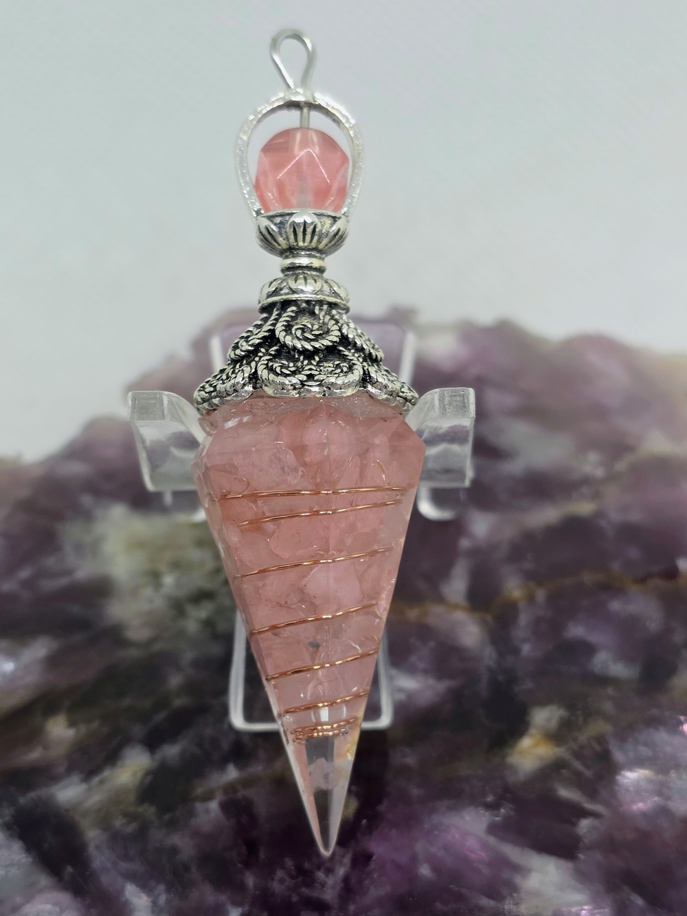 Rose Quartz Resin Pendulum Necklace with Chain | Crystal Pendulum | Reiki Tool | - Picture 2 of 9